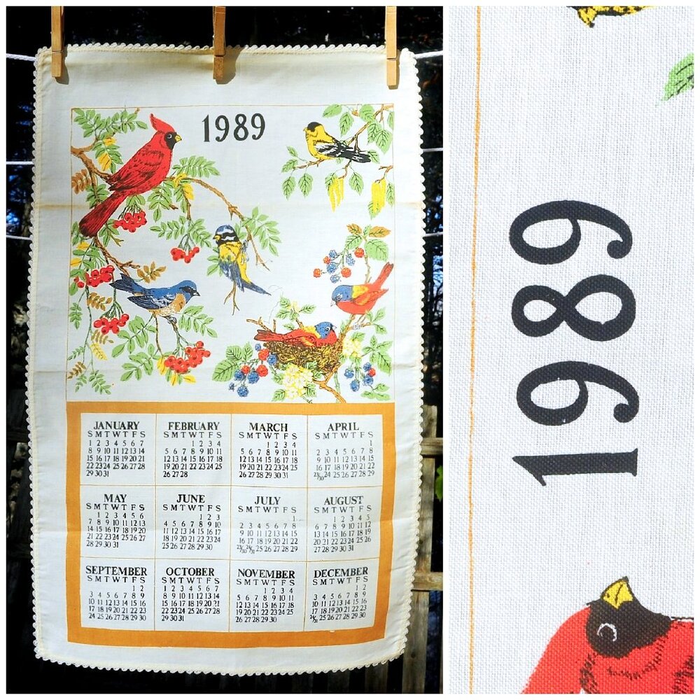 VTG 1989 Calendar Towel Summer Songbirds & Berry Branches Crochet Edging Trim